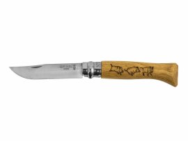Couteau Opinel 8 pliant Inox hêtre motif sanglier