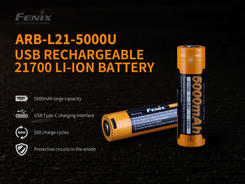 Oplaadbare batterij Fenix 21700 5000 mAh met USB-C (Li-Ion)