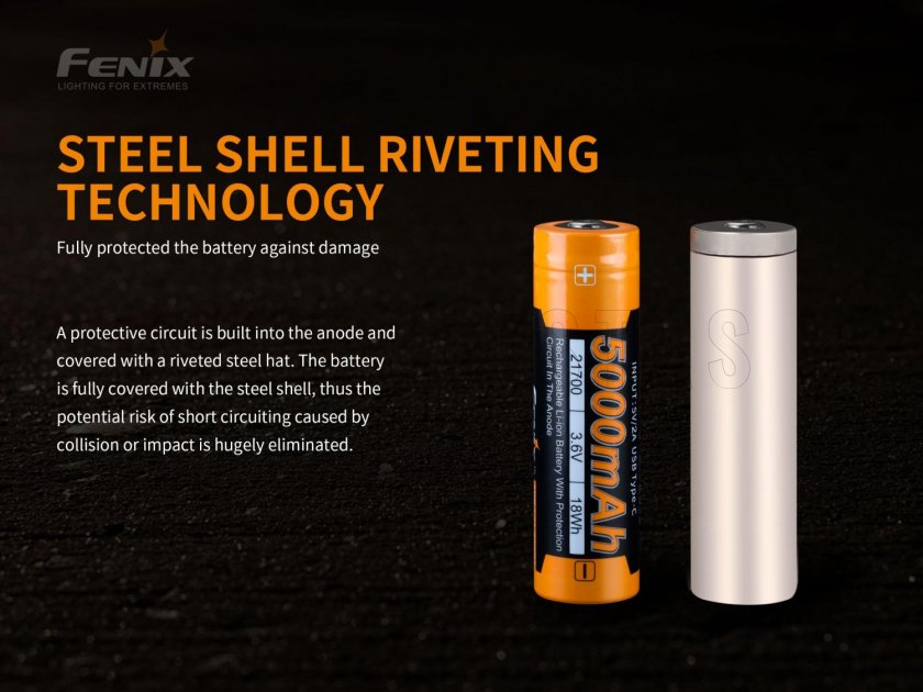 Oplaadbare batterij Fenix 21700 5000 mAh met USB-C (Li-Ion)