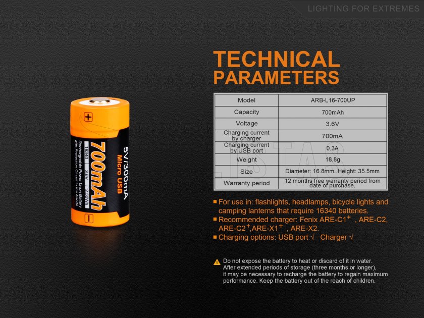 Batterie USB rechargeable Fenix RCR123A/16340 (Li-ion)