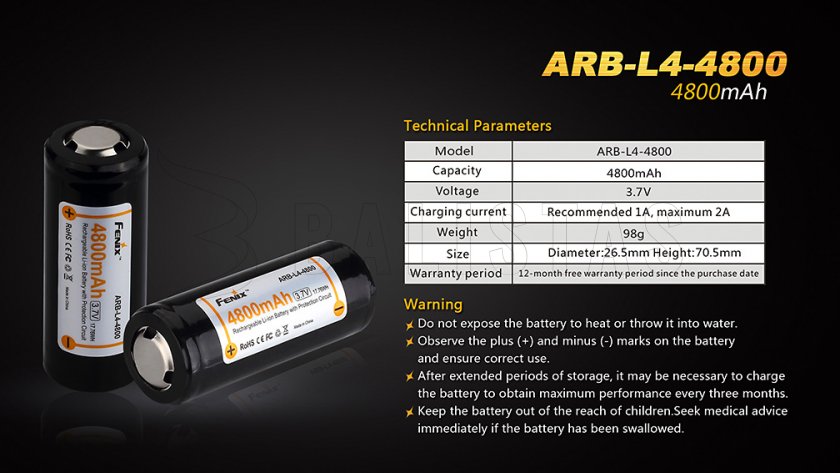 Oplaadbare batterij Fenix 26650 4800 mAh (Li-Ion)