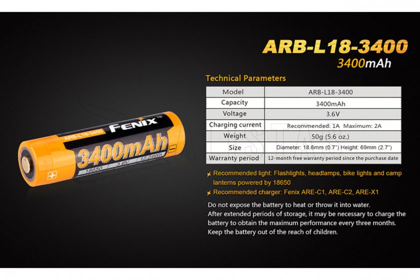 Oplaadbare batterij Fenix 18650 3400 mAh (Li-ion)