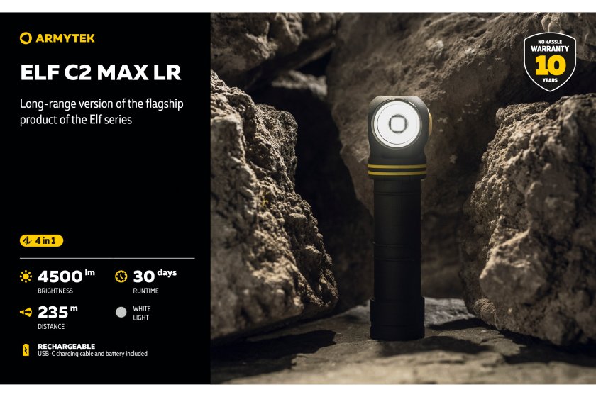 Lampe multifonction Armytek Elf C2 MAX LR USB-C lumière blanche